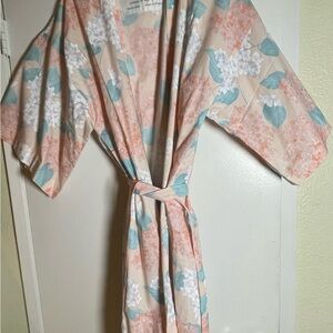 Floral Satin Kimono Robe in Peach and Aqua